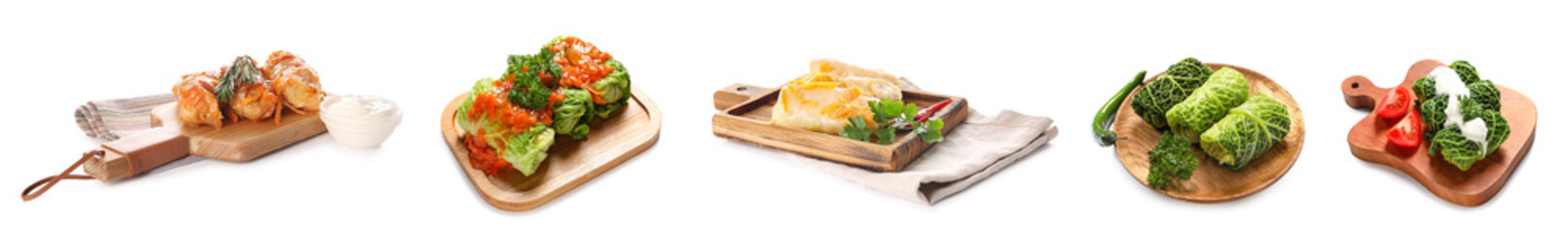 Set of tasty stuffed cabbage on white background