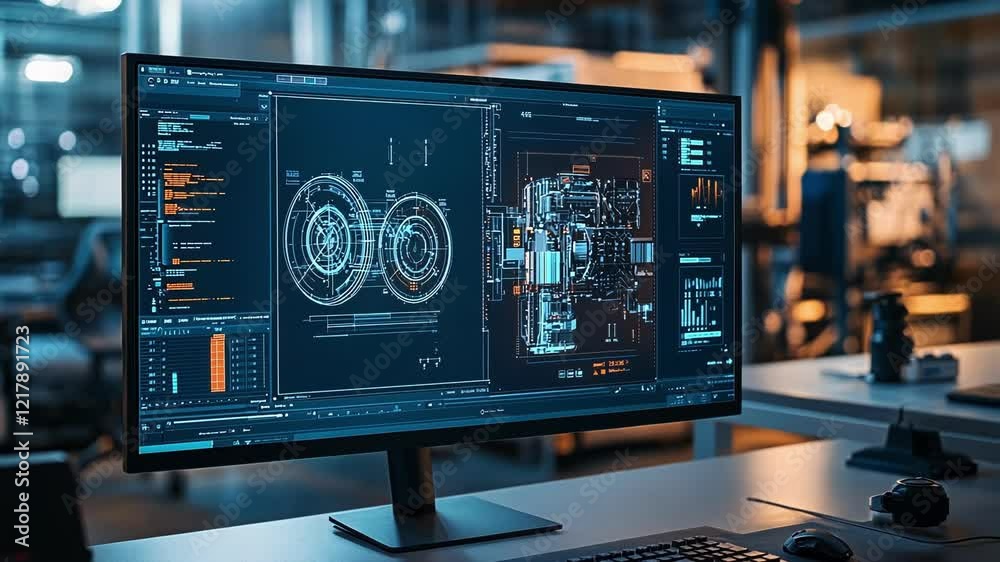 Poster Modern desktop computer displaying advanced engineering software used for designing printed circuit boards and complex engine components in a high tech industrial environment
