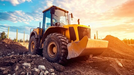 Fototapeta premium A rugged construction vehicle parked beside a mound of dirt and stones.