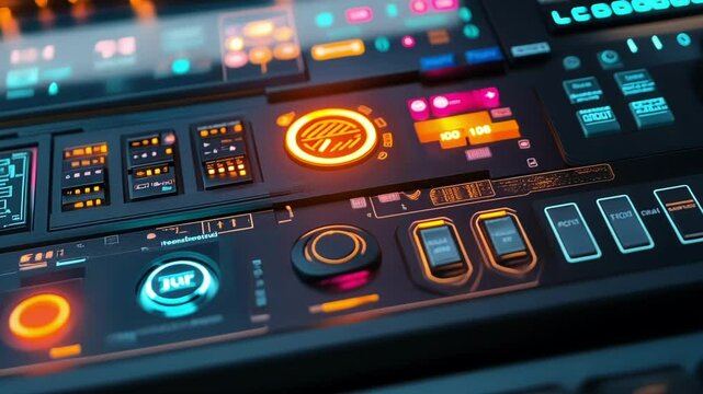 Complex data and information are being displayed on a futuristic control panel with glowing buttons, dials, and screens, suggesting advanced technology and monitoring capabilities