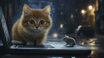 Cat and mouse. Cat, laptop, blurry, background glare, light, room, technology. Technology and light in room with glare. Cat glares at the background light of a laptop in a room lifestyle technology.