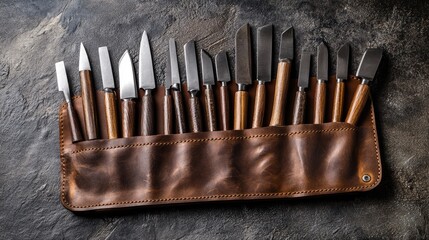 A set of chisels of various sizes laid out on a leather tool roll.