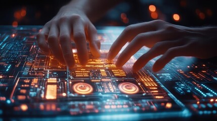 Digital transformation process, close-up of hands on keyboard, glowing digital screen in background