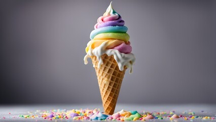 Rainbow-colored soft serve ice cream melting in a waffle cone, surrounded by colorful sprinkles on a gray background.