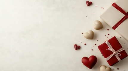   A red and white gift box adorned with a bow and encircled by hearts rests atop a white surface, amidst a sprinkling of confetti (