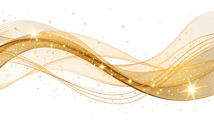 Flowing Golden Wave with Glittering Stars on Transparent Background. PNG