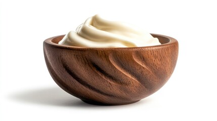 Sour Cream in wooden bowl, Mayonnaise, Yogurt, isolated on white background, full depth of field