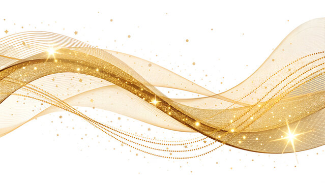 Fototapeta Flowing Golden Wave with Glittering Stars on Transparent Background. PNG