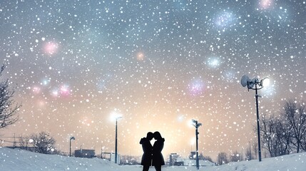Obraz premium Romantic silhouette of a couple in love embracing under a snowy sky filled with stars and galaxies creating a whimsical and affectionate atmosphere