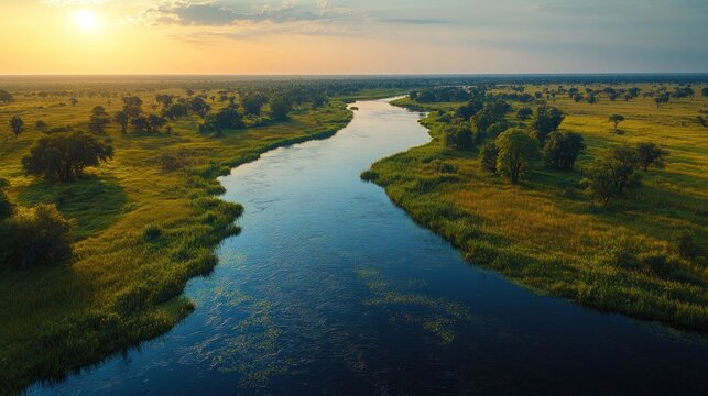Beautiful aerial view of a river flowing through a lush green landscape at sunset with warm golden light - Powered by Adobe