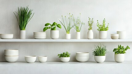 Fototapeta premium White shelf, potted plants, white wall, vase, green plants