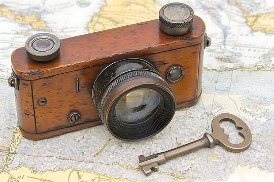 Vintage Camera and Key on Antique Map - A Journey Through Time