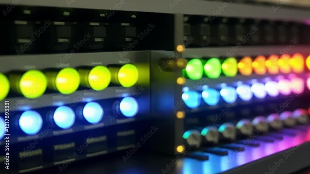 Poster colorful led lights blinking on a network server, illustrating data transfer and processing in a vib