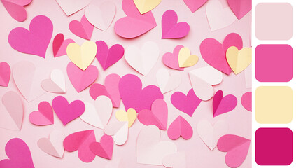 Composition with paper hearts on pink background. Valentines Day celebration