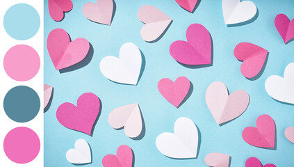 Beautiful paper hearts on blue background. Valentines Day celebration