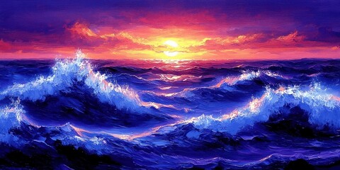 Fototapeta premium Stunning Ocean Waves at Sunset with Vibrant Colors and Dramatic Sky - Captivating Seascape Art for Nature and Ocean Lovers - Coastal Serenity and Tranquility