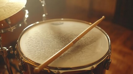 Obraz premium Drum kit in studio, close-up of drumsticks resting on a snare drum, soft studio lighting