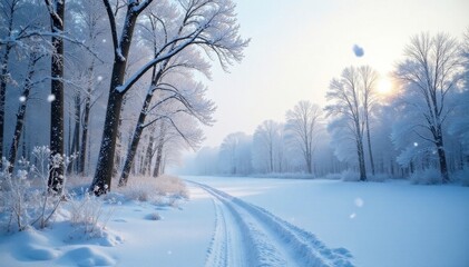 Obraz premium Frosty snowfall on a winter landscape with bare trees, snowy landscape, winter, wintery