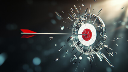 An arrow hitting a target. Ice, target, dark, background dart, fragments, light, glare. A dart glares at the fragments of light. A dart with a glare of light bouncing off lifestyle the ice target.