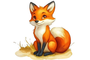 Obraz premium A cute cartoon fox sitting on the ground with a friendly expression.