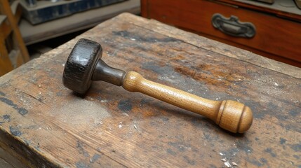 A woodworking chisel resting next to a wooden mallet on a carpenter's bench.