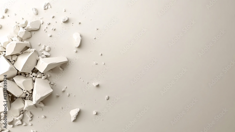 Poster White concrete chunks crumbling on empty surface creating copy space