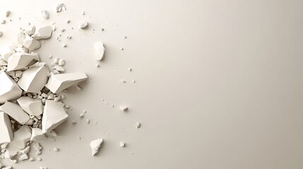 White concrete chunks crumbling on empty surface creating copy space