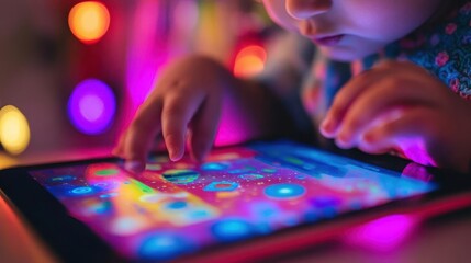 Fototapeta premium E-learning on tablet, close-up of interactive lesson on tablet screen, vibrant colors