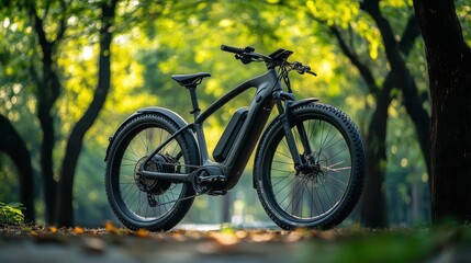 Fototapeta premium Electric bike in park, close-up of sleek bike frame and wheels, green trees in background