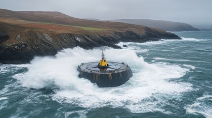 Fototapeta premium Waves crashing against a tidal energy generator in the ocean.