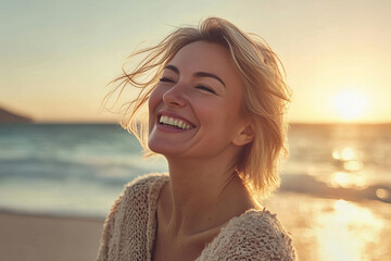 Serene middle-aged woman enjoying a peaceful moment on a sunny beach with ocean waves in the background, showcasing natural beauty, relaxation, and carefree emotions for lifestyle, travel, and wellnes