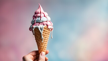 Close-up of a hand holding a melting ice cream cone with pink and blue swirls against a pastel background.
