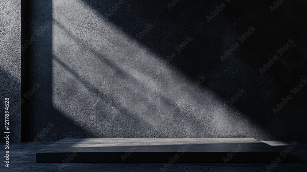 Poster sunbeam illuminating empty platform in dark room with concrete wall