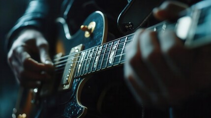 Electric guitar strings close-up, close-up of fingers strumming guitar strings