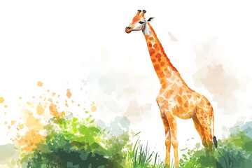 A watercolor illustration of a giraffe surrounded by greenery.