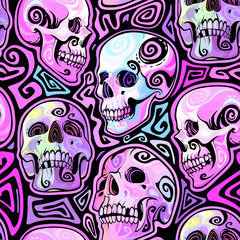 Seamless illustration of colorful human skulls decorated with spirals
