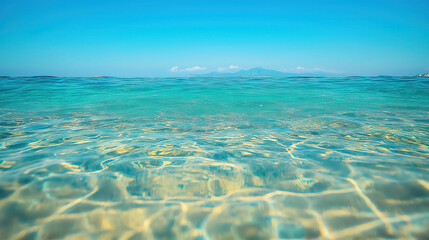 Naklejka premium Crystal clear waters stretch endlessly under the warm sun, reflecting hues of turquoise and gold. Gentle waves playfully ripple across the surface, inviting exploration and tranquility