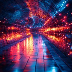 Neon Tunnel Vision: Immersive journey through a vibrant, futuristic tunnel awash in contrasting neon red and blue lights. The reflective floor enhances the psychedelic atmosphere. 