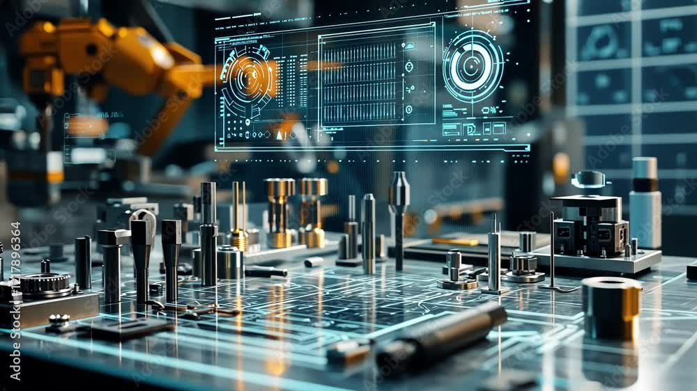 Poster futuristic interface showing production data and statistics with holographic augmented reality in a 