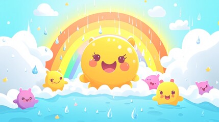 Adorable Summer Weather with Kawaii Sun, Clouds, Rain, and Rainbow