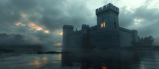 Fototapeta premium Majestic medieval castle fortress standing tall and imposing on the shores of a misty lake its reflected image creating a mystical and atmospheric landscape at dramatic sunset