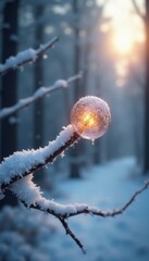 Frosty tree branch with bulb protruding from it, frosty forest, winter scenery