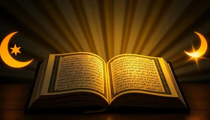 Open Quran Illuminated by Crescent Moons and Stars