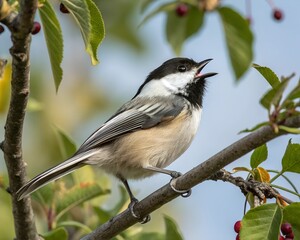Obraz premium Black-Capped Chickadee Perched on a Branch with Red Berries and Green Leaves