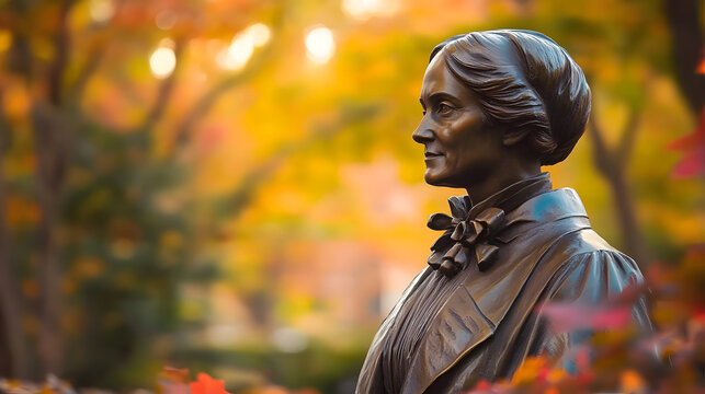 Susan B Anthony Day Historic autumn scene featuring a bronze statue in elegant attire amidst colorful foliage