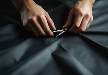 Hands skillfully cutting dark fabric with scissors craftsmanship and precision in tailoring or design process, focus on textiles and manual dexterity