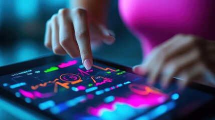 Fototapeta premium Fitness goals tracking, close-up of hands scrolling through fitness app, vibrant stats displayed