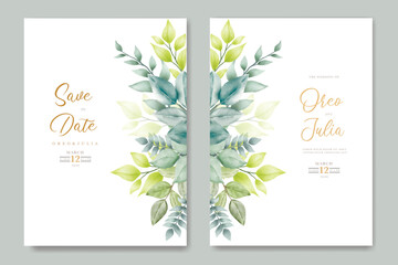 Watercolor wedding invitation card in green leaves