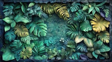Fototapeta premium Lush and Vibrant Tropical Foliage Backdrop with Diverse Leaves and Botanical Elements for Poster Wallpaper or Creative Design Project