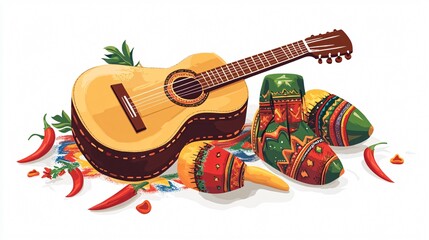 Vibrant Mexican Guitar, Maracas, and Chili Peppers on Bright Background